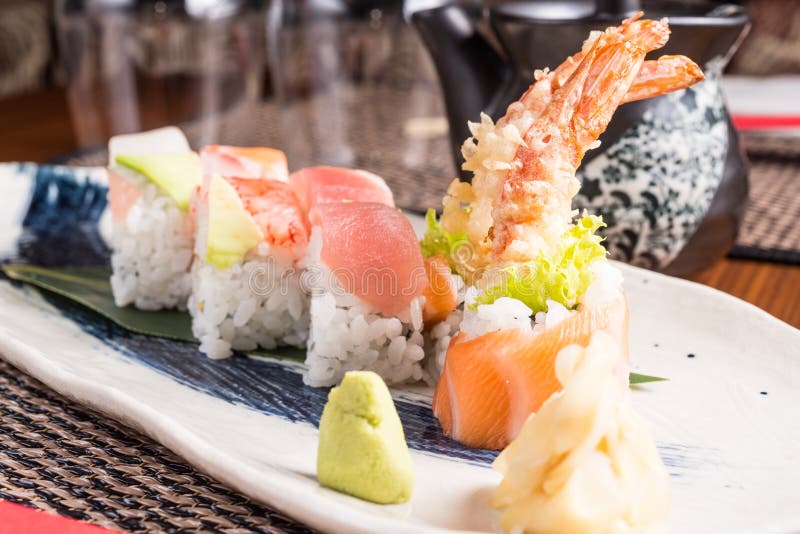 Sushi Plate and a Cocktail in a Japanese Restaurant Stock Photo Image