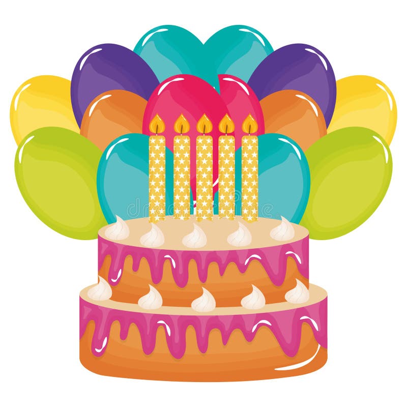 Delicious Sweet Cake with Candles and Balloons Helium Stock Vector ...