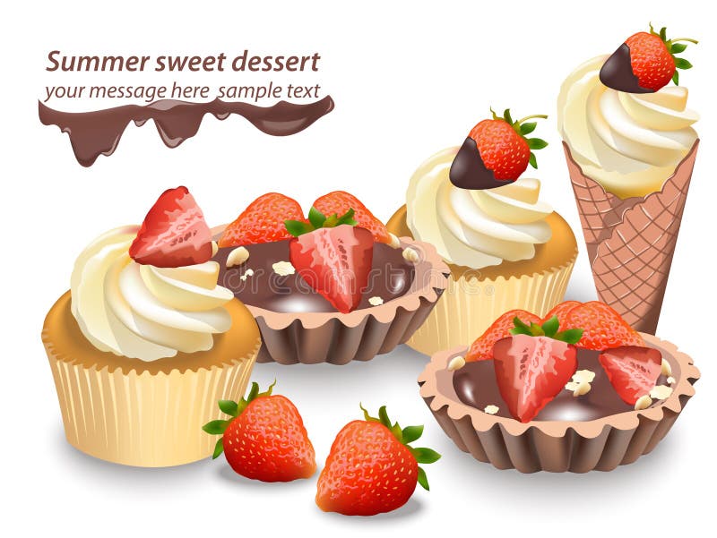 Delicious sweets and desserts with fruits. Chocolate tartlets and vanilla cupcakes. Summer confectionary bakery treats