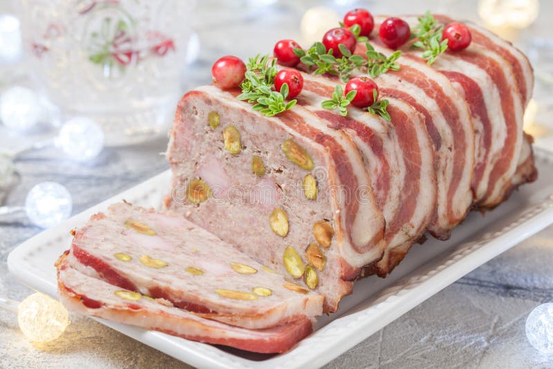 Delicious Terrine with Ground Meat, Ham and Pistachios Stock Photo