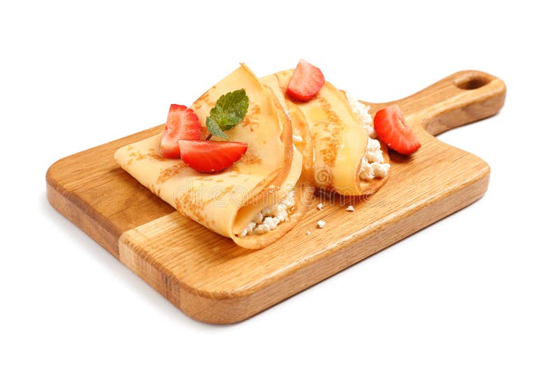 Delicious Thin Pancakes with Strawberries and Cottage Cheese Isolated