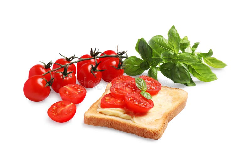 Delicious Toast with Butter, Tomatoes and Basil Isolated on White Stock