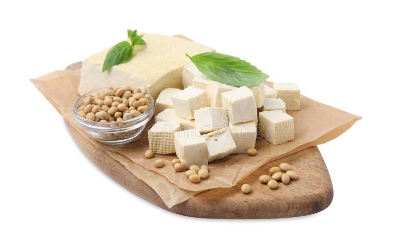 Delicious Tofu Cheese, Basil and Soybeans Isolated on White Stock Photo