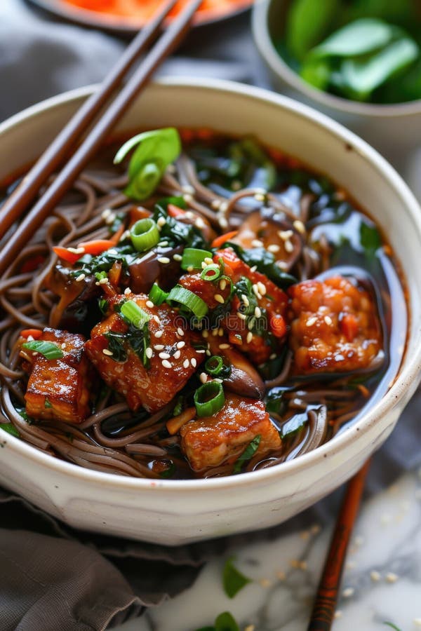 Delicious Tofu Stir-fry with Soba Noodles and Vegetables Stock