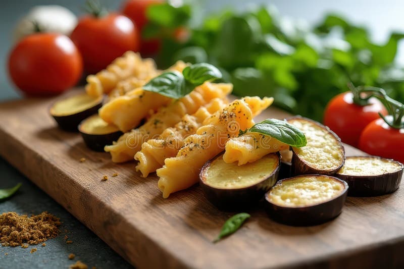 Delicious Tortiglioni med Eggplant Dish royaltyfri fotografi