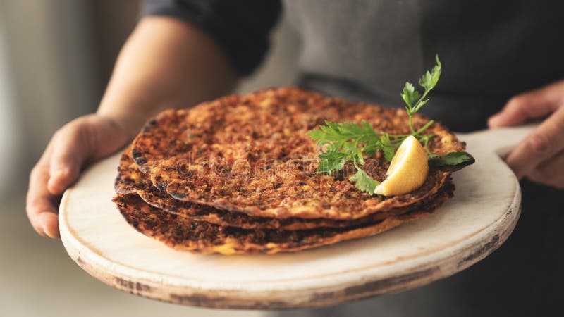 Delicious traditional Turkish lahmacun pita royalty free stock photo