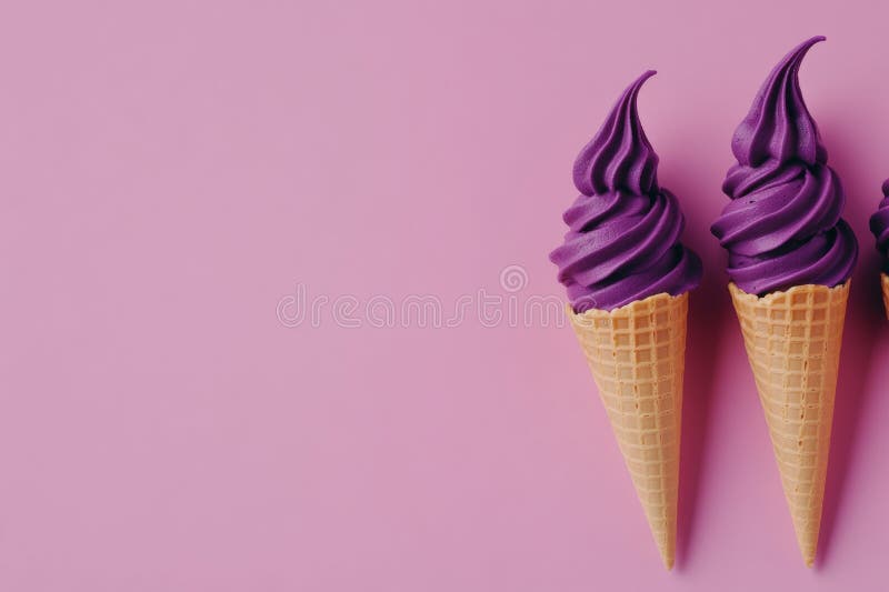 Delicious Triple Scoop Ice Cream Cones are available in three flavors: Vanilla, Chocolate Chip, and Strawberry stock photography