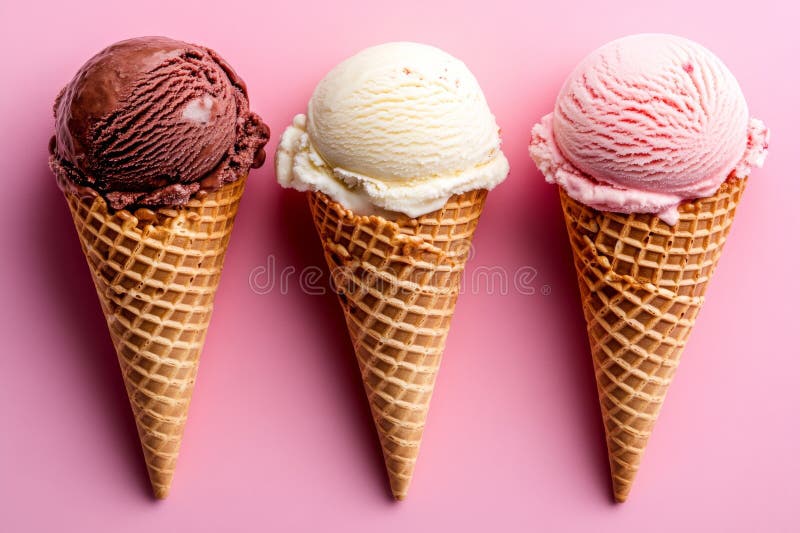 Delicious Triple Scoop Ice Cream Cones come in Vanilla, Chocolate Chip, and Strawberry royalty free stock photography