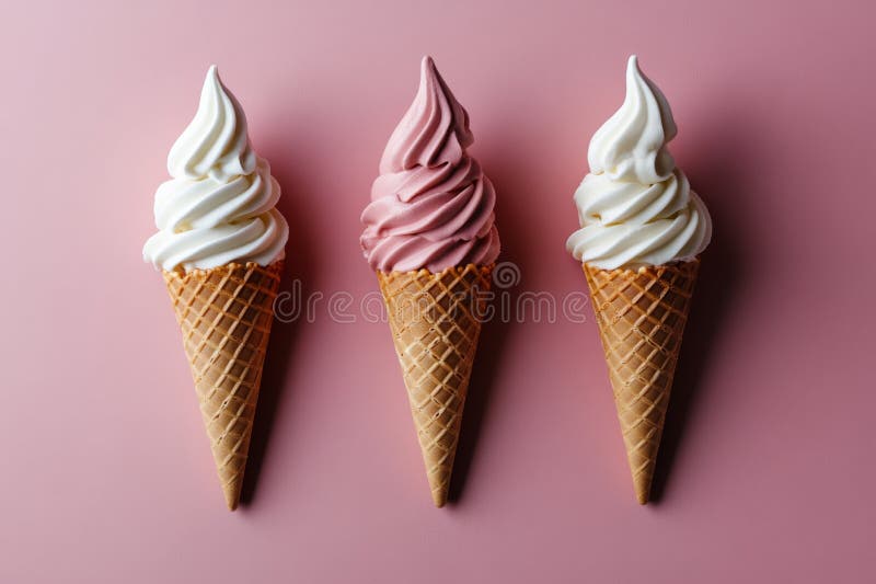 Delicious Triple Scoop Ice Cream Cones feature Vanilla, Strawberry, and Chocolate flavors stock images