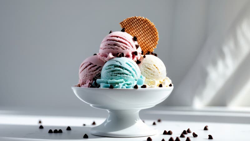 Delicious Triple Scoop Ice Cream Sundae with Crispy Wafer. stock photos