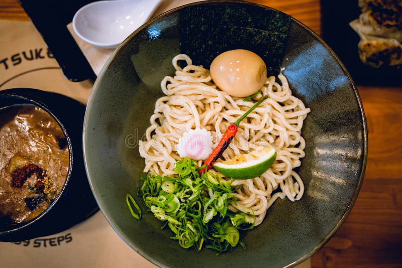 Delicious Tsukemen Ramen Served with Hot Pork Base Dip Sause Stock