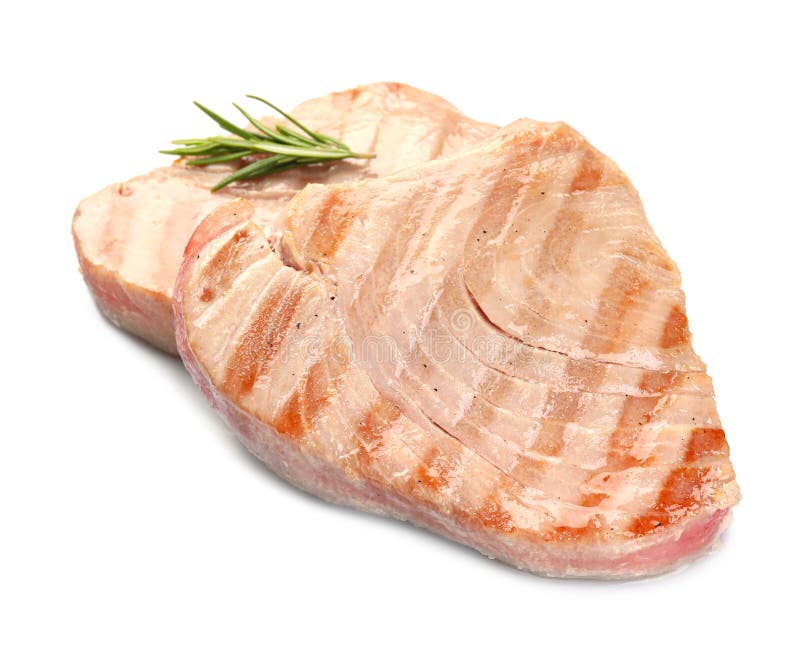 Delicious Tuna Steaks with Rosemary Isolated on White Stock Photo