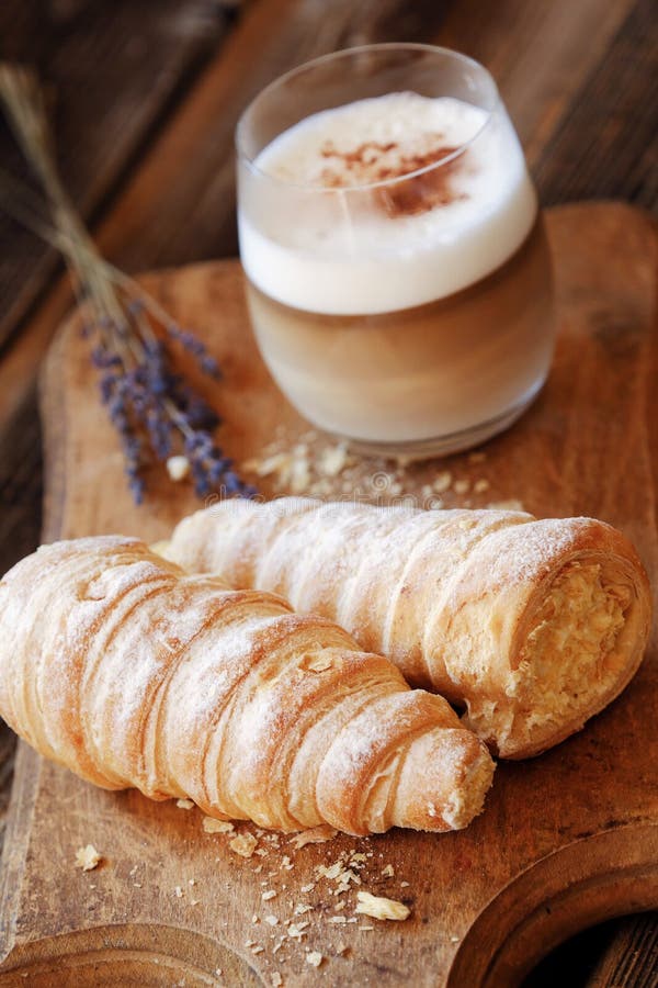 Delicious Vanilla Cream Cakes and Lavender Coffee Stock Image Image