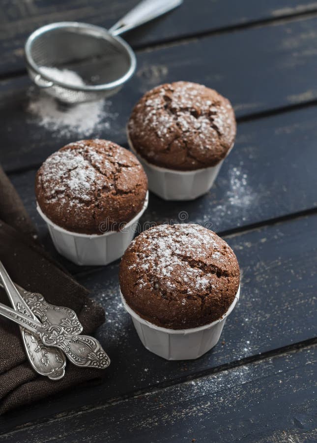 Delicious vegan chocolate muffins with icing sugar royalty free stock photography Delicious vegan chocolate muffins with icing sugar royalty free stock photography