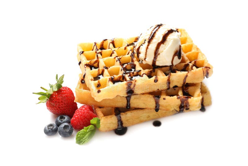 Delicious Waffles with Berries, Ice Cream and Chocolate Syrup Stock