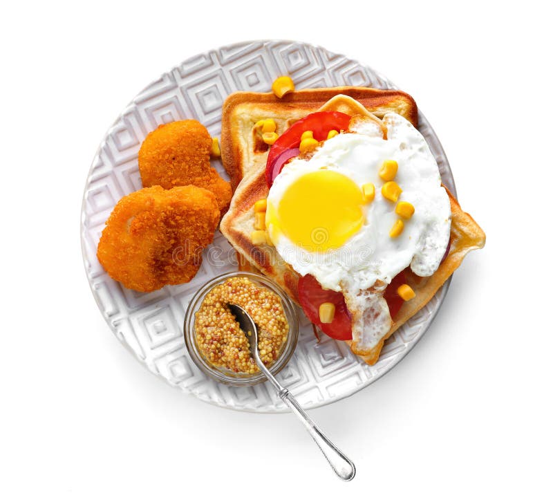Delicious Waffles with Chicken Nuggets, Mustard and Fried Egg on Plate