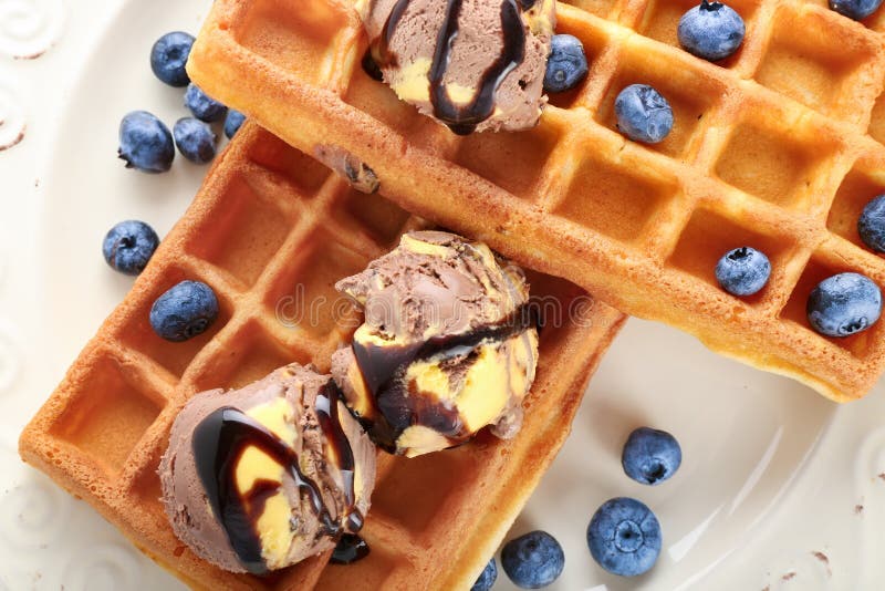Delicious Waffles with Ice Cream and Blueberries on Plate, Closeup