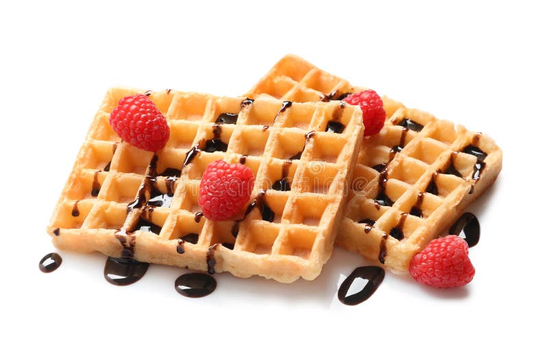 Delicious waffles with raspberries and chocolate syrup stock image Delicious waffles with raspberries and chocolate syrup stock image