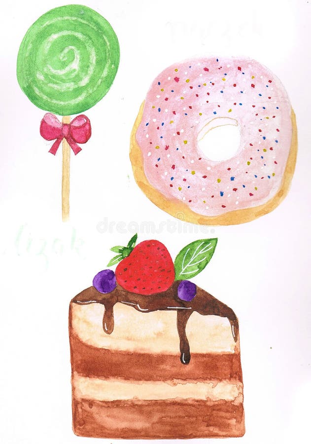 Delicious watercolor painting of a green apple lollipop, a piece of forest fruit cake and a pink doughnut with sprinkles vector illustration Delicious watercolor painting of a green apple lollipop, a piece of forest fruit cake and a pink doughnut with sprinkles vector illustration