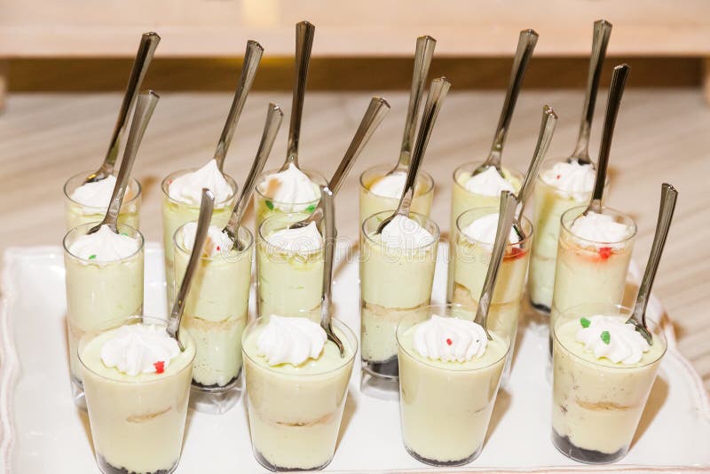 Delicious wedding reception candy bar dessert table stock photos