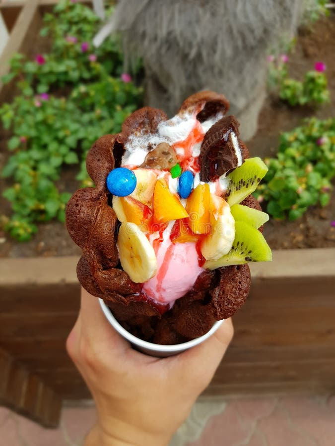 Deliciouseijs creem met snoepje en vruchten stock afbeelding Deliciouseijs creem met snoepje en vruchten stock afbeelding