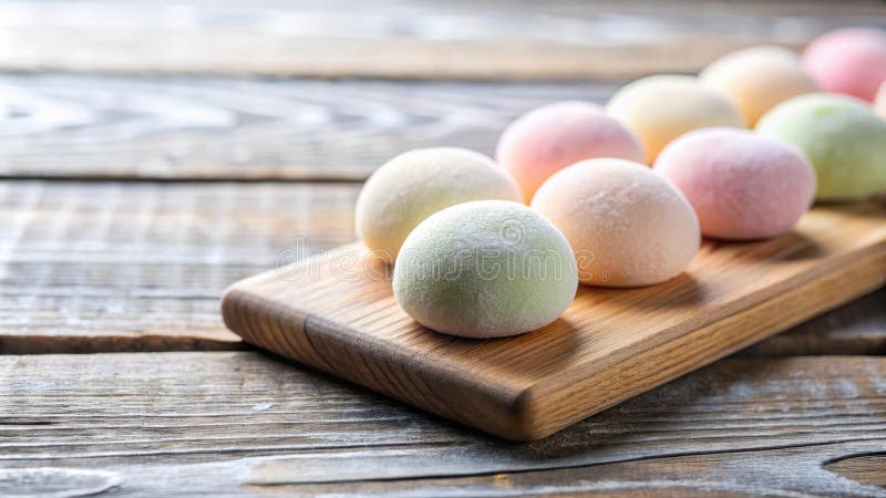 Delicose palline di gelato al pastello di mochi disposte su una tavola di legno rustica. Generative AI illustrazione di stock