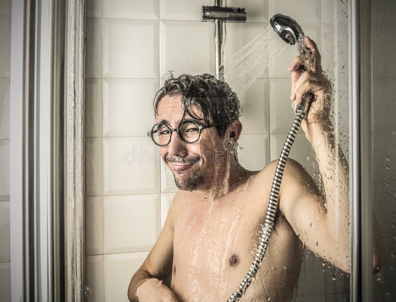 Delighted Man Having a Shower Stock Photo Image of call, ironic 46741072
