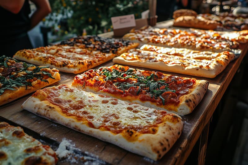 Delightful assortment of Roman pizza types displayed on a rustic wooden table. A rustic wooden table showcases an enticing array of Roman pizza. Different flavors and toppings invite guests to savor the unique combinations. AI generated