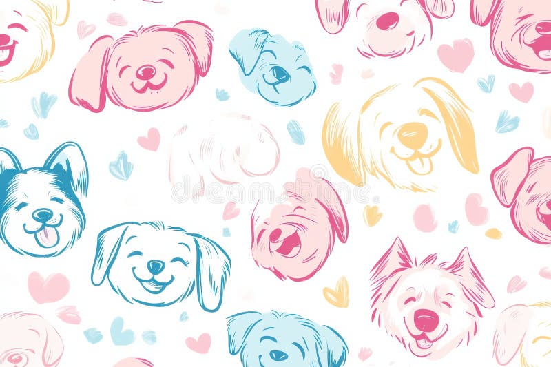 Delightful doodle pattern features smiling dog faces in various colors, surrounded by playful hearts and ample area for stock photos