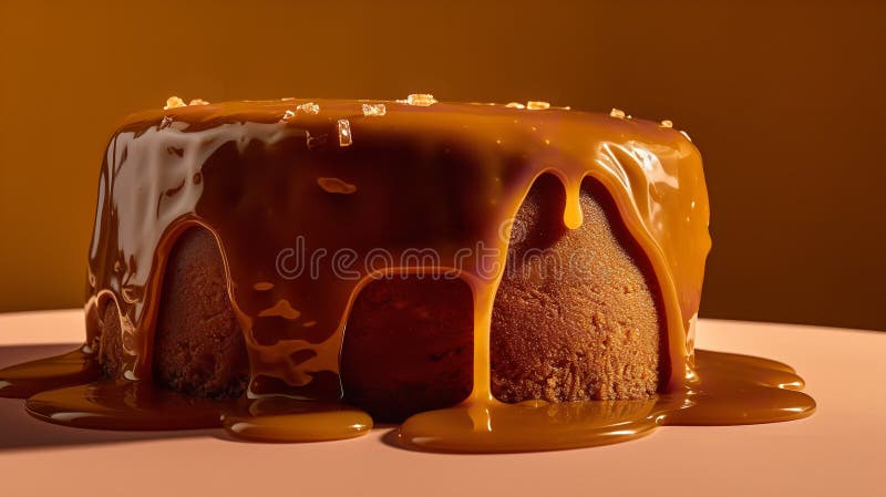 Close-Up Photography of a perfectly round Dulce De Leche Cake against a bright caramel background. Close-Up Photography of a perfectly round Dulce De Leche Cake against a bright caramel background