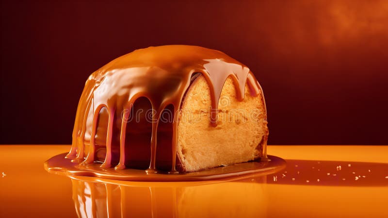 Close-Up Photography of a perfectly round Dulce De Leche Cake against a bright caramel background. Close-Up Photography of a perfectly round Dulce De Leche Cake against a bright caramel background