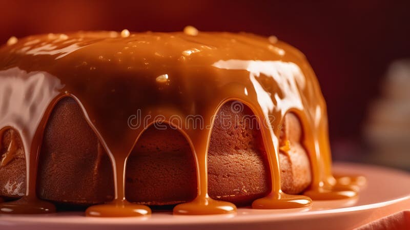 Close-Up Photography of a perfectly round Dulce De Leche Cake against a bright caramel background. Close-Up Photography of a perfectly round Dulce De Leche Cake against a bright caramel background