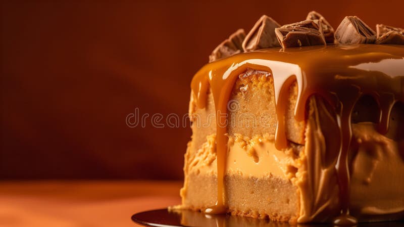 Close-Up Photography of a perfectly round Dulce De Leche Cake against a bright caramel background. Close-Up Photography of a perfectly round Dulce De Leche Cake against a bright caramel background