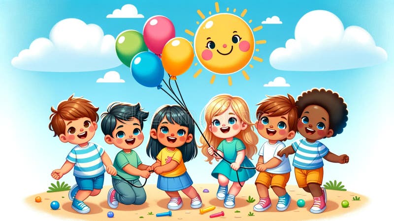 This captivating illustration showcases a group of diverse, animated children holding colorful balloons and enjoying a cheerful playtime together under a beaming, smiling sun. The scene is set against a serene blue sky dotted with fluffy clouds, highlighting a sense of joy and childhood innocence. The multicultural representation of the kids, with their varied hairstyles and vibrant clothing, promotes themes of diversity, unity, and friendship. The illustration is perfect for educational materials, children's books, and playful event promotions, resonating with keywords such as happiness, outdoor activities, playful kids, sunny day, cartoon children, diversity, and childhood fun. This captivating illustration showcases a group of diverse, animated children holding colorful balloons and enjoying a cheerful playtime together under a beaming, smiling sun. The scene is set against a serene blue sky dotted with fluffy clouds, highlighting a sense of joy and childhood innocence. The multicultural representation of the kids, with their varied hairstyles and vibrant clothing, promotes themes of diversity, unity, and friendship. The illustration is perfect for educational materials, children's books, and playful event promotions, resonating with keywords such as happiness, outdoor activities, playful kids, sunny day, cartoon children, diversity, and childhood fun.