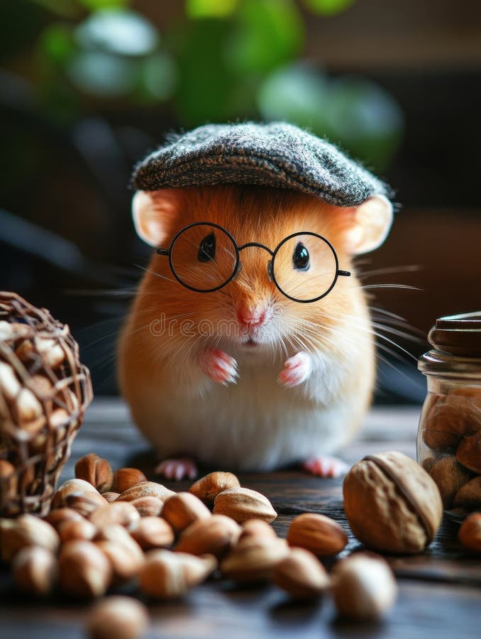 Cute hamster with round glasses and tiny cap surrounded by nuts on a wooden surface in a cozy atmosphere. Generative AI. A delightful hamster wearing round glasses and a tiny cap sits among assorted nuts on a rustic wooden surface, creating a charming scene. AI generated
