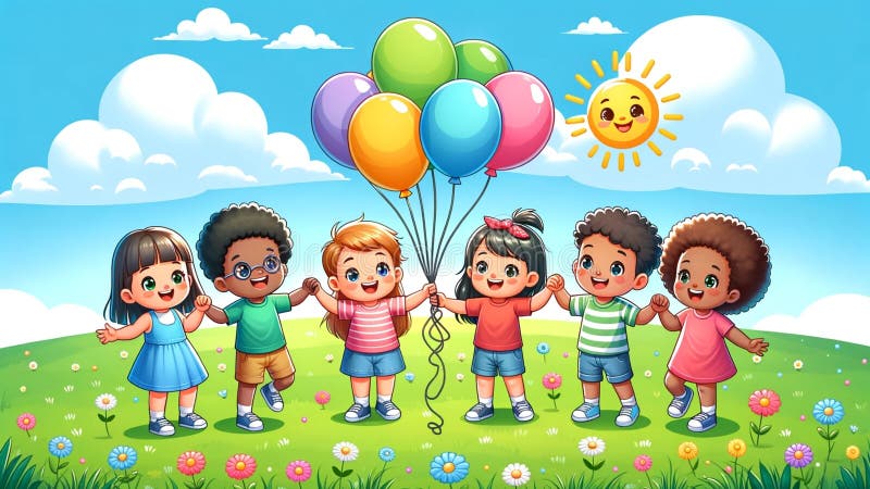 This delightful image captures the essence of a joyful childhood with a group of exuberant cartoon children holding a bunch of colorful balloons. They are set against a picturesque backdrop of a sunny sky with a smiling sun, in a vibrant meadow brimming with multicolored flowers. The diverse group of kids, depicted in a playful mood, represents friendship, happiness, and the carefree nature of youth. The scene, rich in color and life, is perfect for themes related to children’s parties, outdoor activities, education, diversity, unity, and the simple pleasures of playing outdoors. This illustration is ideal for use in children's books, educational websites, and party invitations, resonating with keywords like joy, diversity, nature, celebration, and playful childhood. This delightful image captures the essence of a joyful childhood with a group of exuberant cartoon children holding a bunch of colorful balloons. They are set against a picturesque backdrop of a sunny sky with a smiling sun, in a vibrant meadow brimming with multicolored flowers. The diverse group of kids, depicted in a playful mood, represents friendship, happiness, and the carefree nature of youth. The scene, rich in color and life, is perfect for themes related to children’s parties, outdoor activities, education, diversity, unity, and the simple pleasures of playing outdoors. This illustration is ideal for use in children's books, educational websites, and party invitations, resonating with keywords like joy, diversity, nature, celebration, and playful childhood.