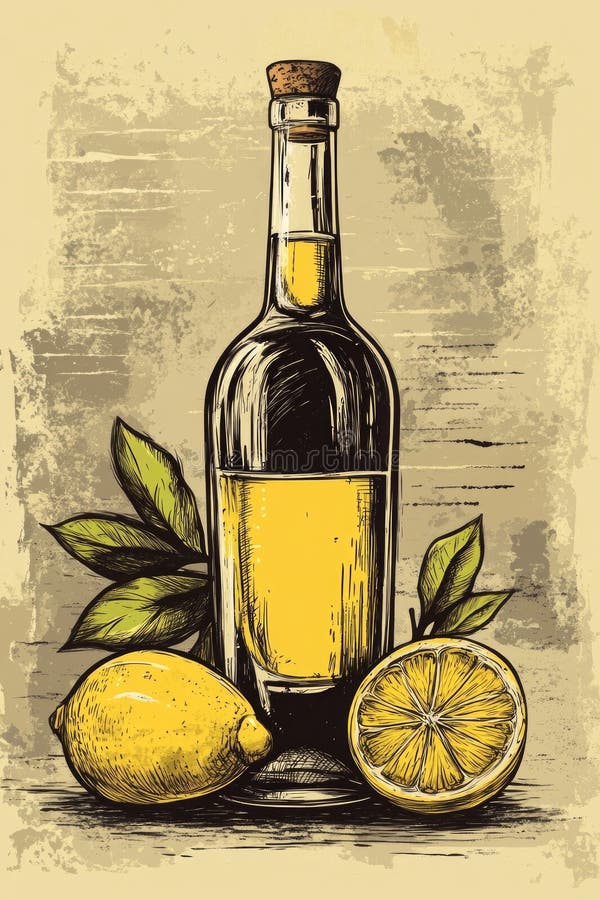 Delightful limoncello recipes featuring fresh lemons and a rustic bottle on a textured background royalty free stock photography