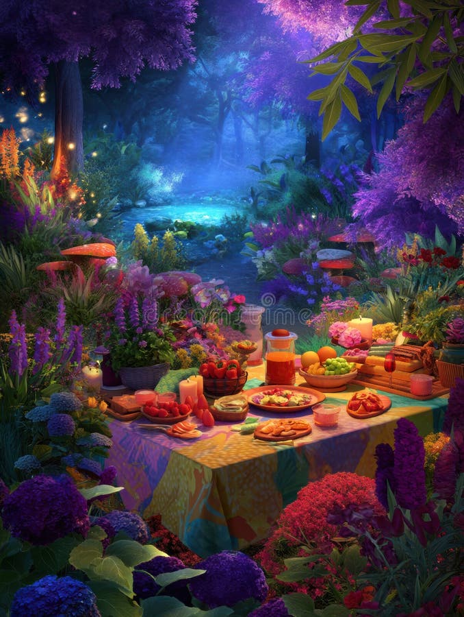 Colorful Picnic Gathering in a Magical Garden Filled With Vibrant Flowers and Enchanting Atmosphere at Twilight royalty free stock image
