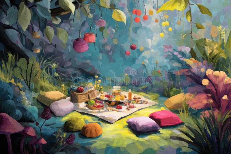 Colorful Picnic in a Magical Garden During a Sunny Afternoon With Vibrant Flowers and Whimsical Decorations Generative stock photography
