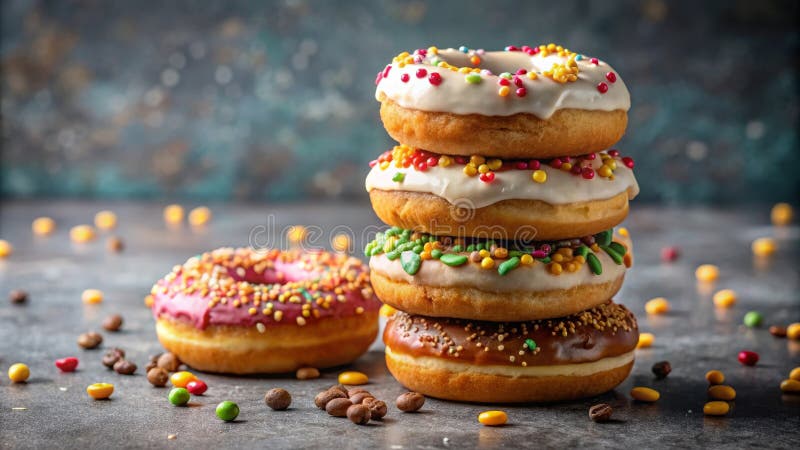 A delightful stack of four assorted donuts, adorned with colorful sprinkles and a variety of icings, sits on a dark countertop royalty free illustration