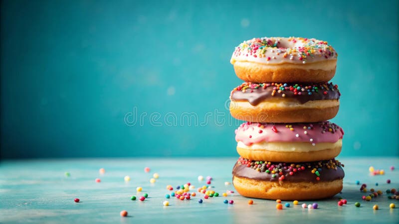 A delightful stack of four assorted sweet treats, each adorned with colorful sprinkles, rests on a teal surface. Generative AI vector illustration
