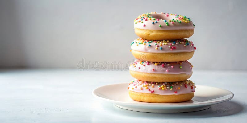 A delightful stack of four pink frosted donuts, generously adorned with colorful sprinkles, elegantly presented on a pristine vector illustration