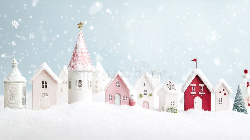 Charming winter village with colorful houses and falling snowflakes stock image