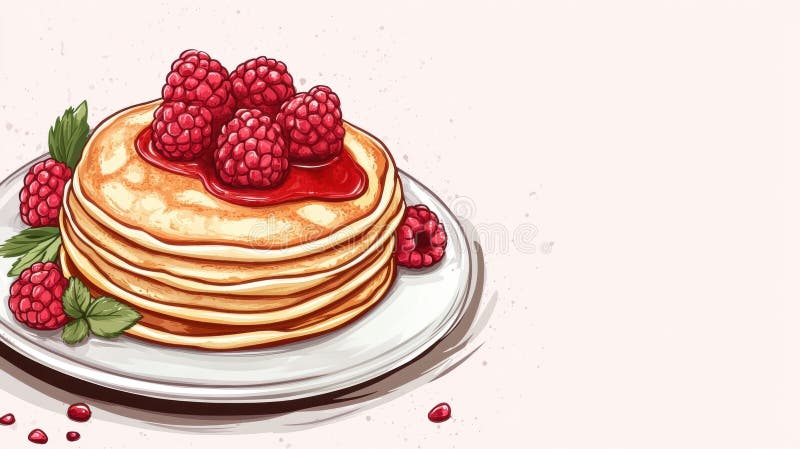 Delikant skorsten av pannkakor med färska hallon och sirap stock illustrationer