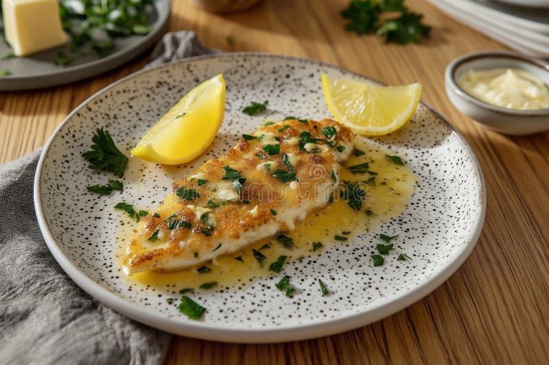 Delikat gekochtes Schellfisch mit Knoblauchbutter und Zitrone, serviert auf einem rustikalen Holztisch stockbild
