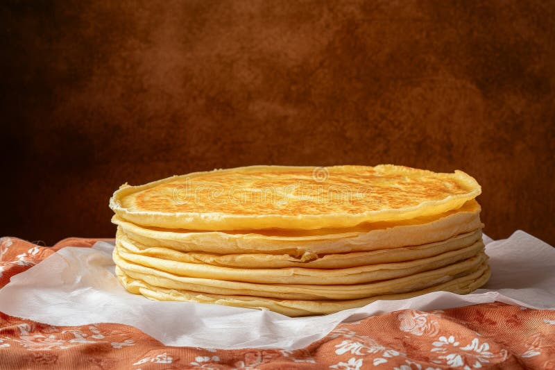 Delikat stack av homemade crepes på en rustik tabellinställning stock illustrationer