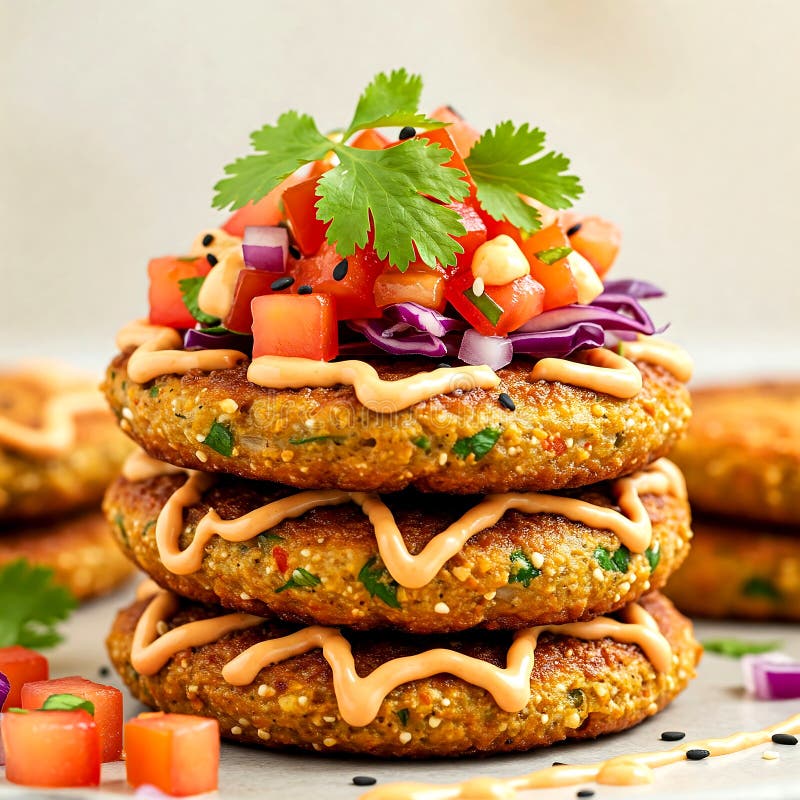 Delikat Stack of Healthy Fish Fritters with Spicy Salsa Topping stock illustrationer