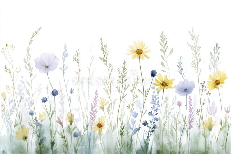 Delikat vattenfärgsillustration av sommarängen. horisontell blomkanten på vit bakgrund. mjuka färgstrukturer. livfull stock illustrationer