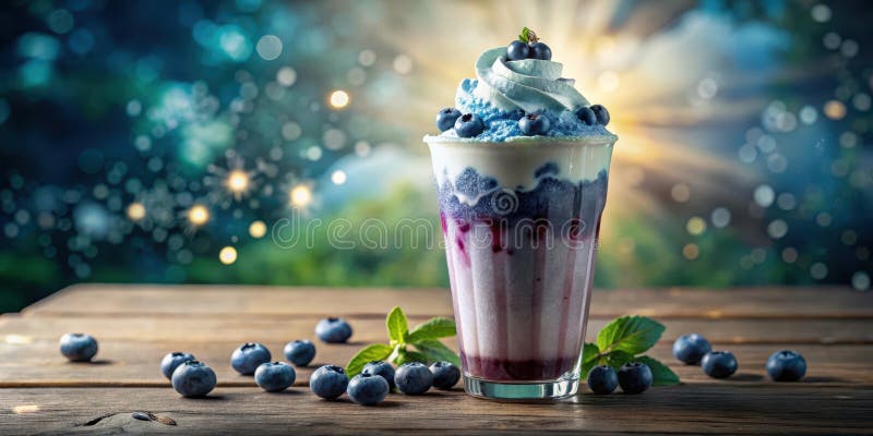 Delikate Blaubeere, gefroren, mit Schlagsahne und frischen Beeren auf rustikalen Holztischen. Generative AI lizenzfreie abbildung