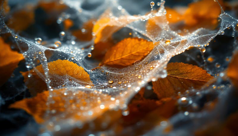 Delikate Herbstlaube mit Taubstropfen in einem Spinnennetz auf Waldboden bei Morgendämmerung und serene Erfassung Herbstblättern u stock abbildung